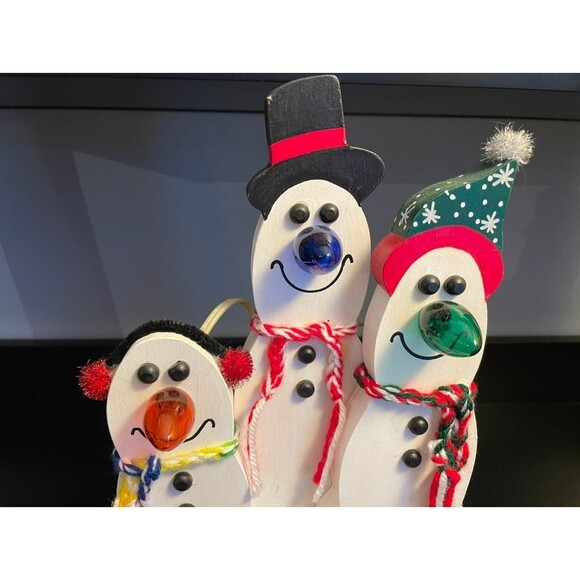 Handmade Wooden Snowman Trio w Electric Light Bulb Noses Let it Snow - Picture 6 of 8